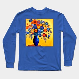 Cute Abstract Flowers in a Blue Vase Still Life Painting Long Sleeve T-Shirt